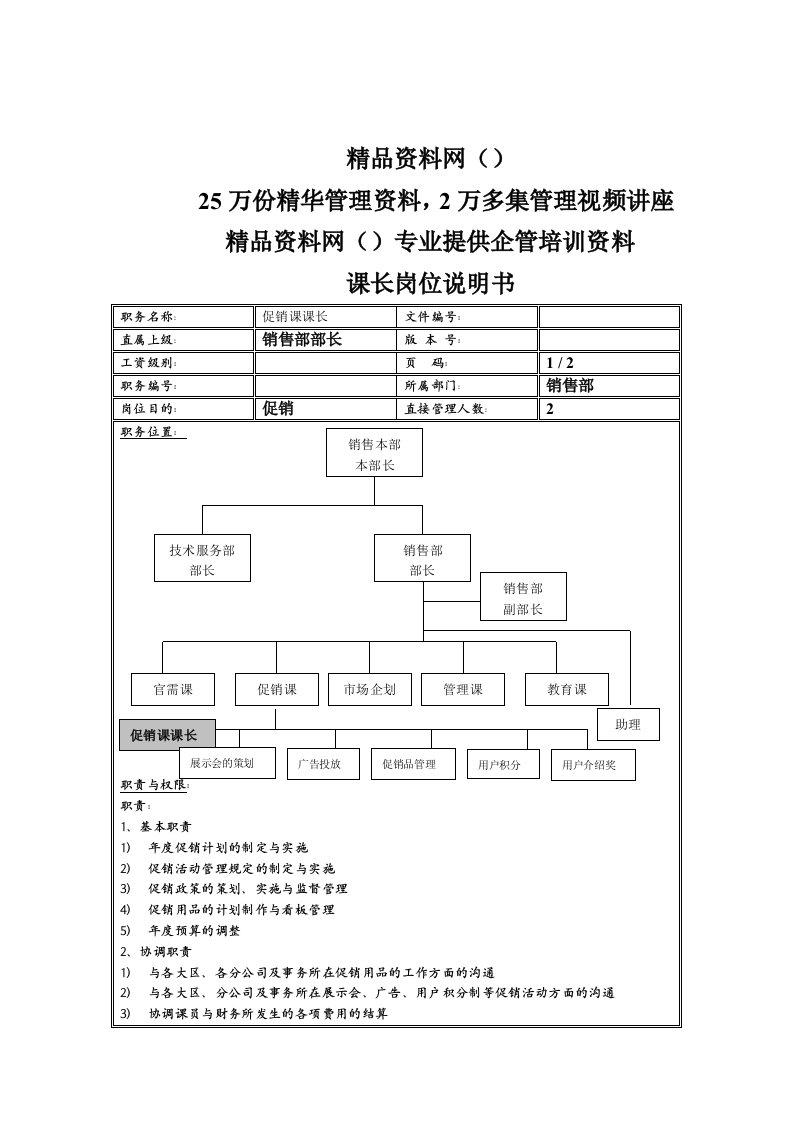 精选促销课长岗位说明书