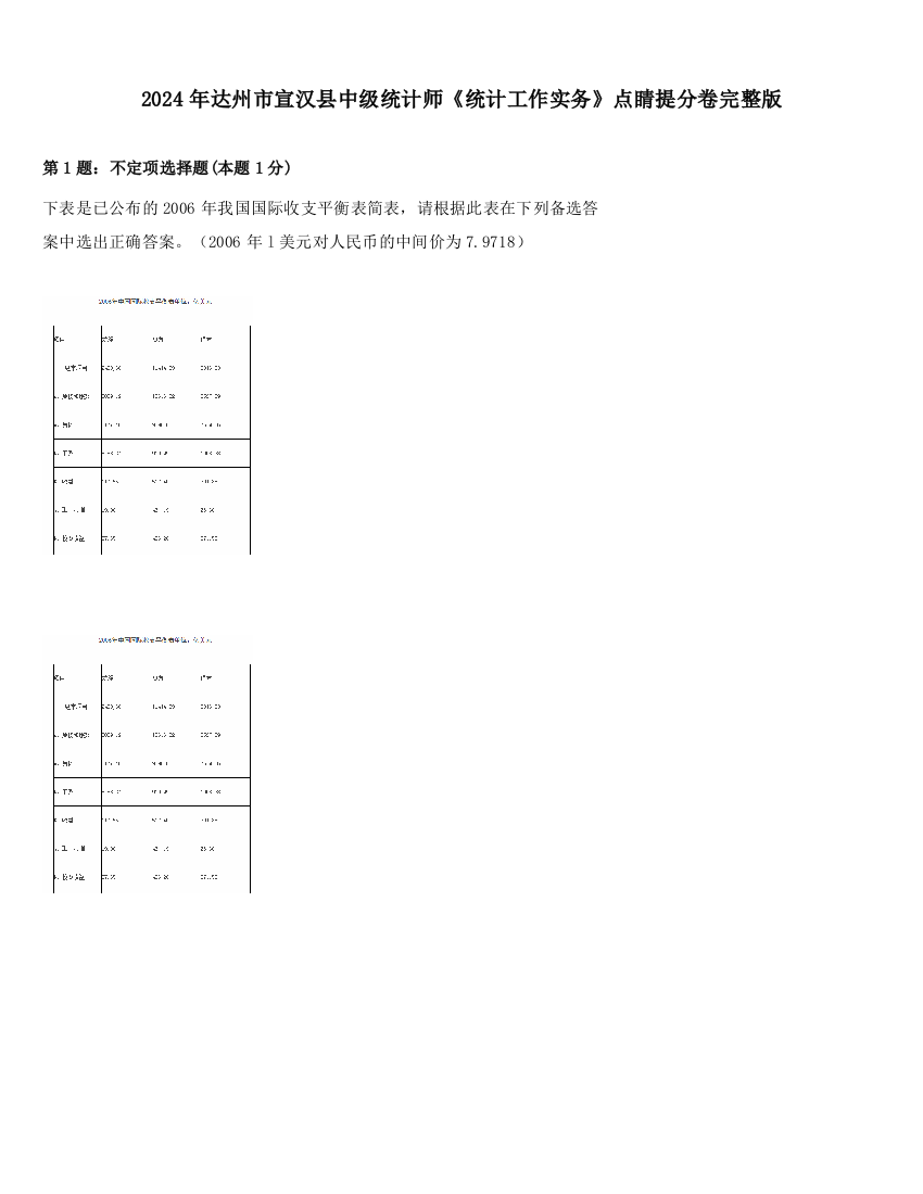 2024年达州市宣汉县中级统计师《统计工作实务》点睛提分卷完整版