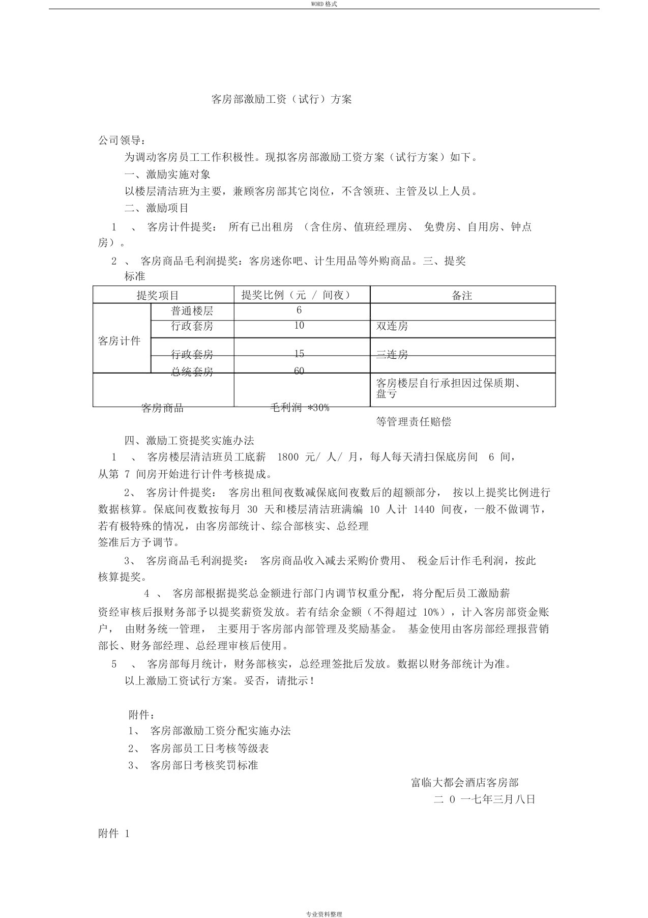 客房部激励工资方案(修正版)