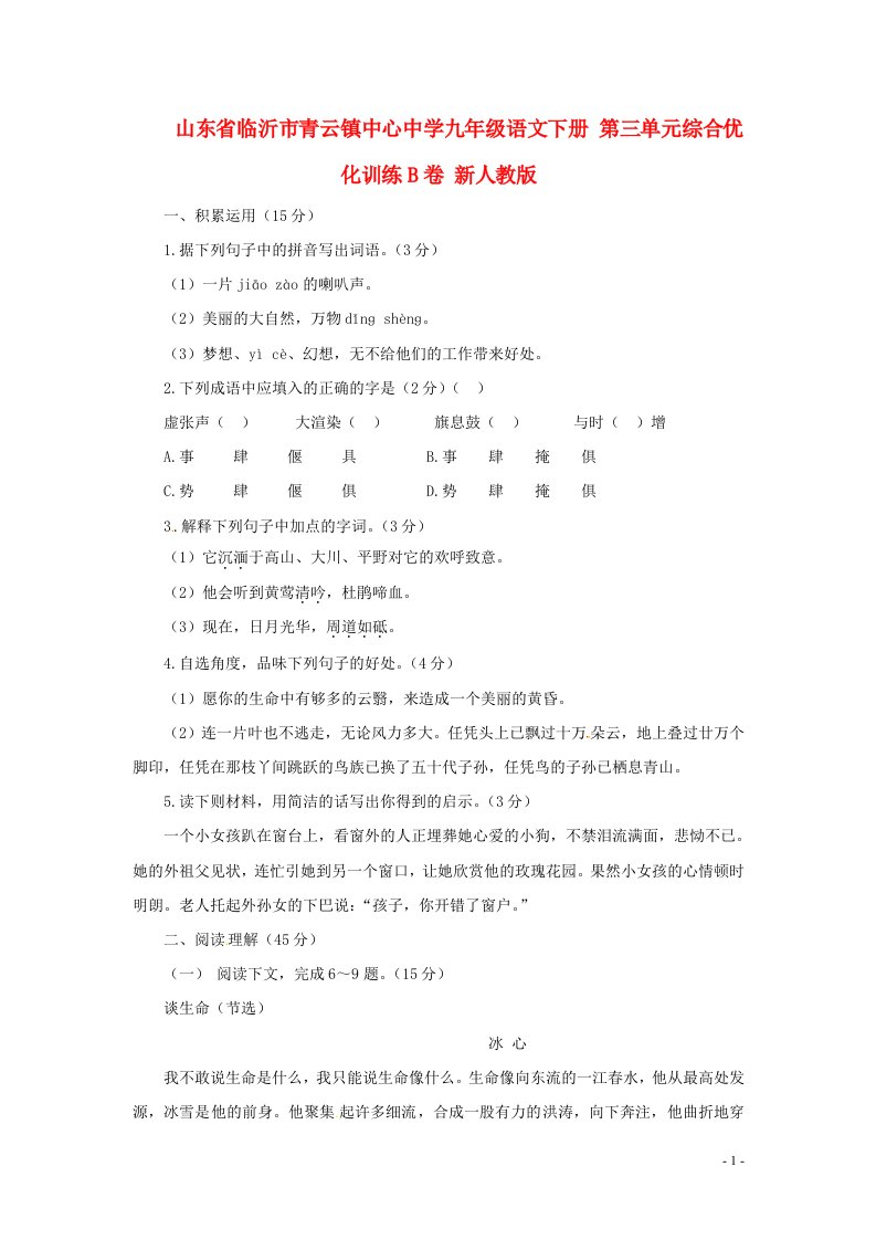 山东省临沂市青云镇中心中学九年级语文下册第三单元综合优化训练B卷新人教版