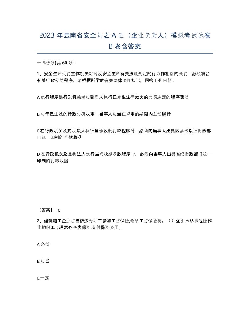 2023年云南省安全员之A证企业负责人模拟考试试卷B卷含答案