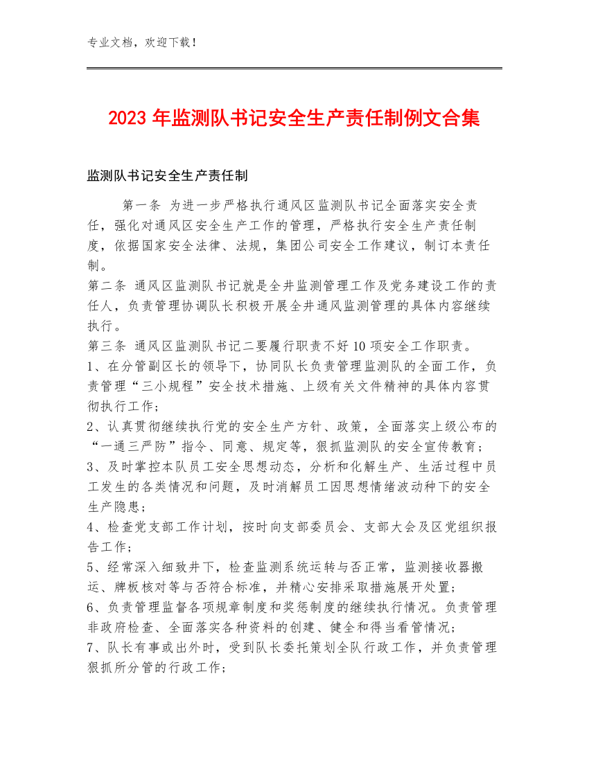 2023年监测队书记安全生产责任制例文合集