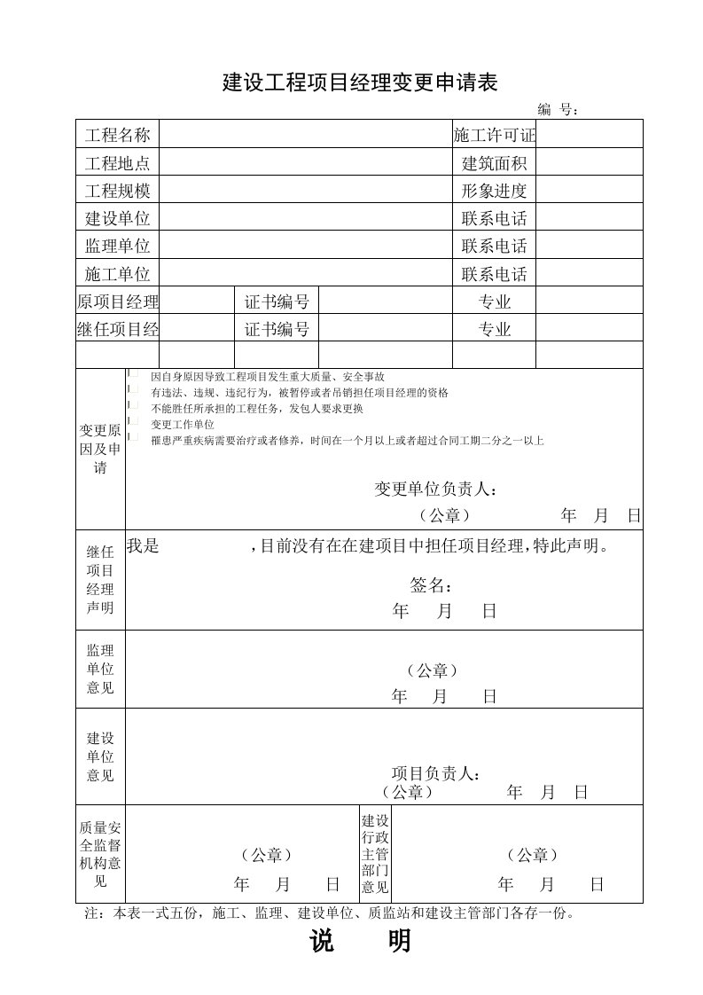 建设工程项目经理变更申请表