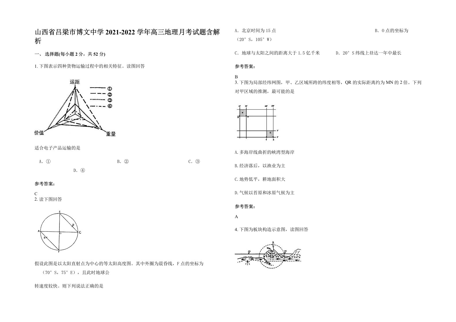 山西省吕梁市博文中学2021-2022学年高三地理月考试题含解析