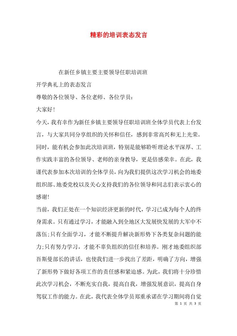 精彩的培训表态发言