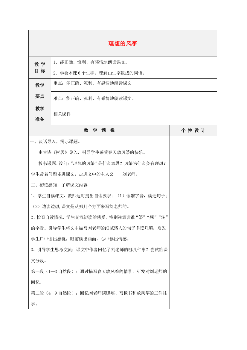 2015春六年级语文下册《理想的风筝》教案1