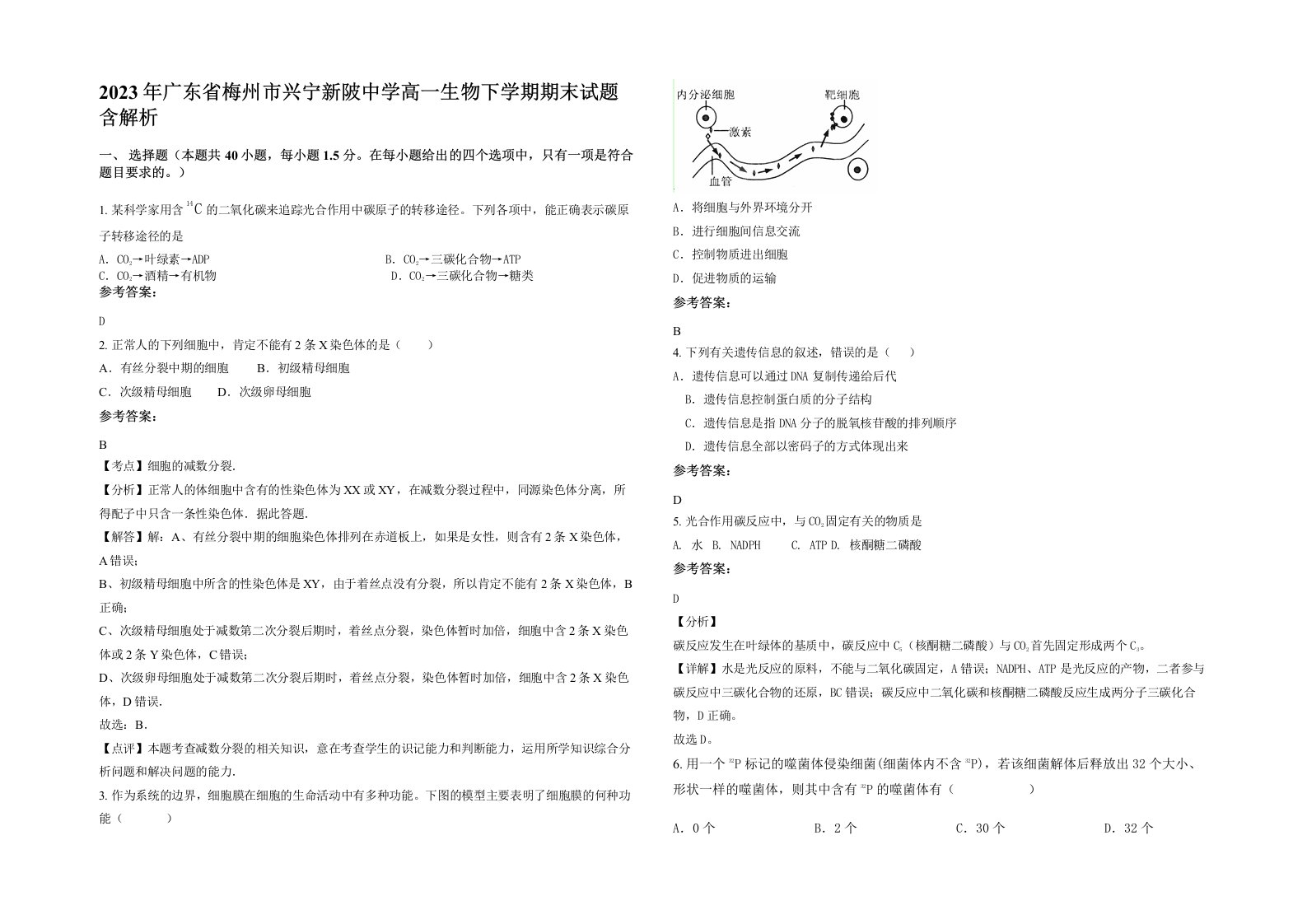 2023年广东省梅州市兴宁新陂中学高一生物下学期期末试题含解析