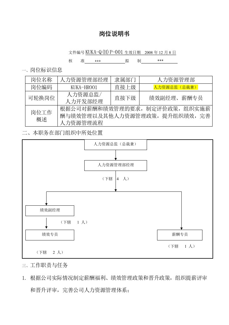 薪酬绩效经理岗位说明书