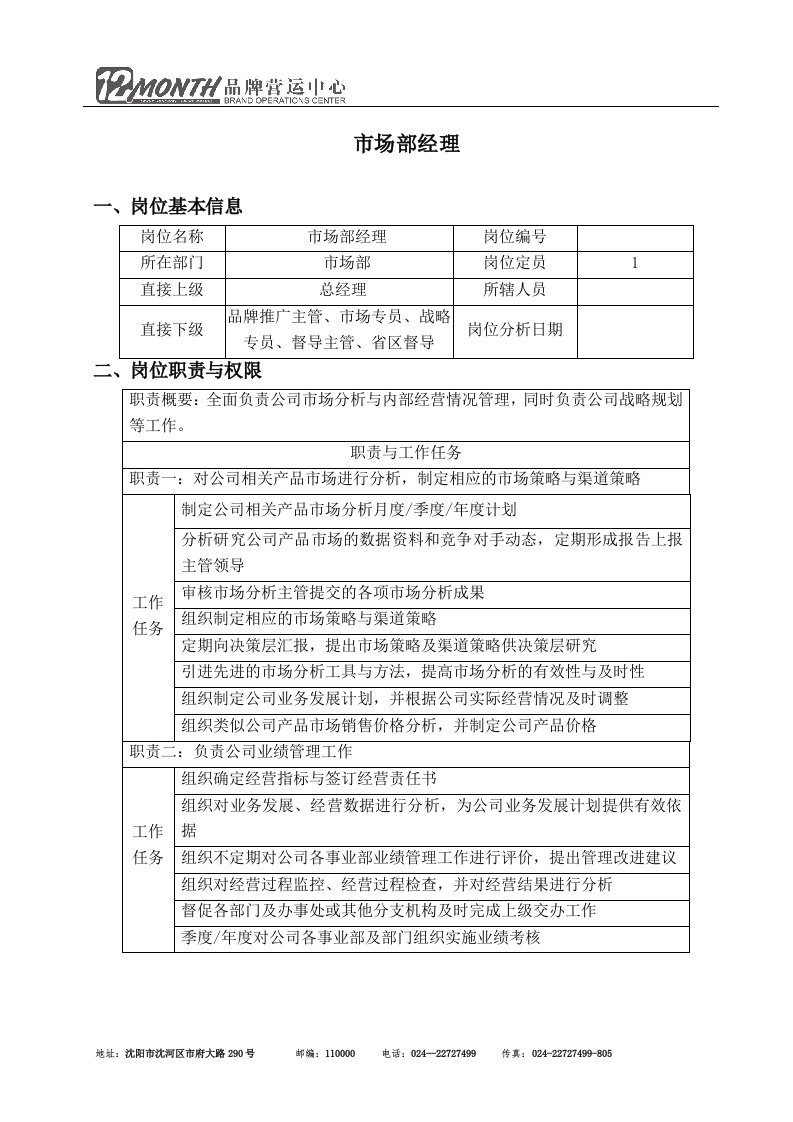 市场部经理的职责及任职要求