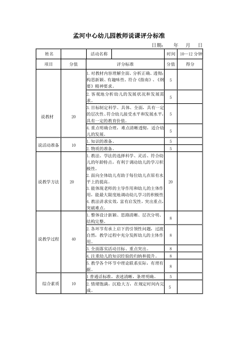 幼儿园教师说课评分标准