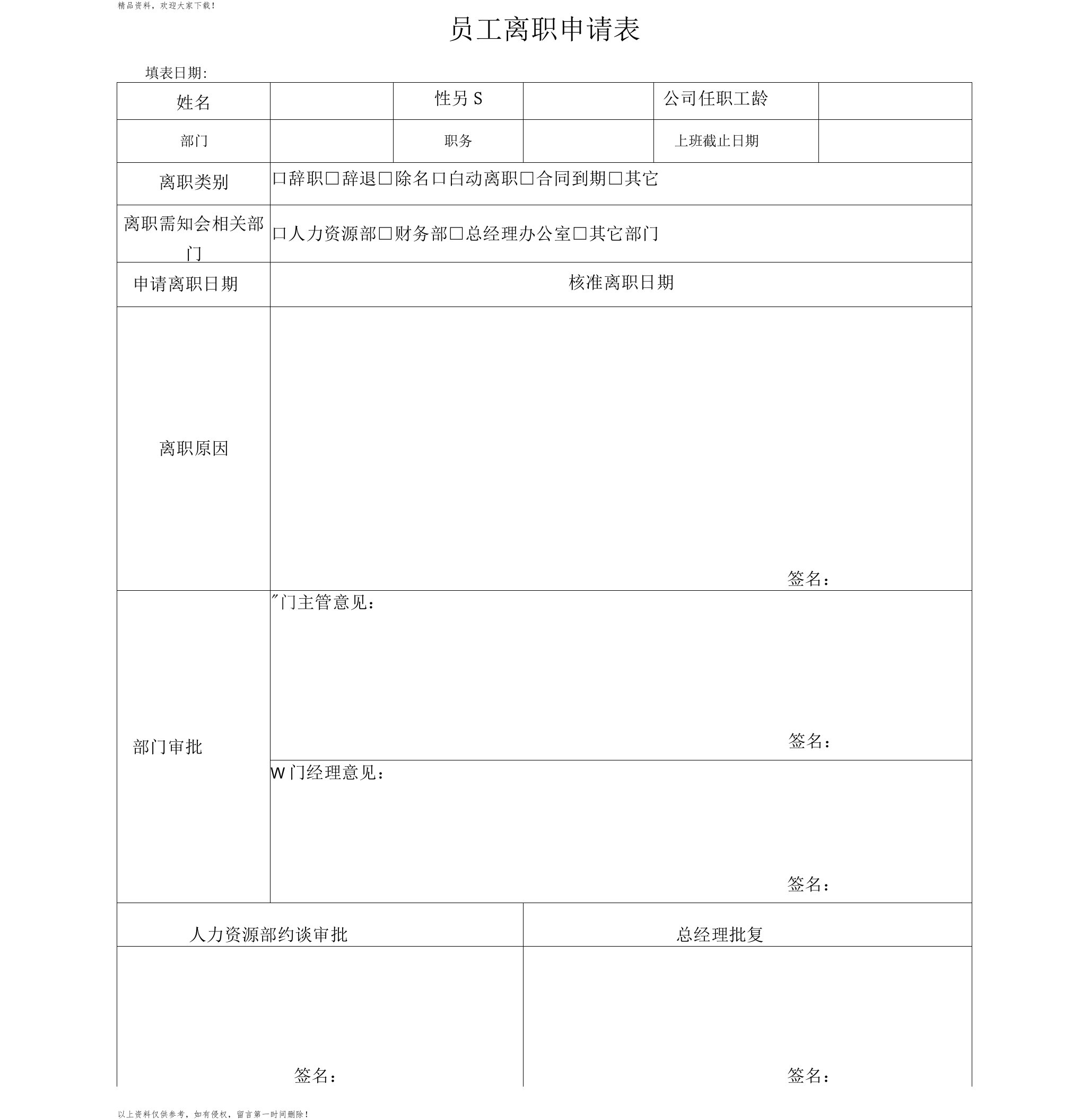 员工离职申请表格式