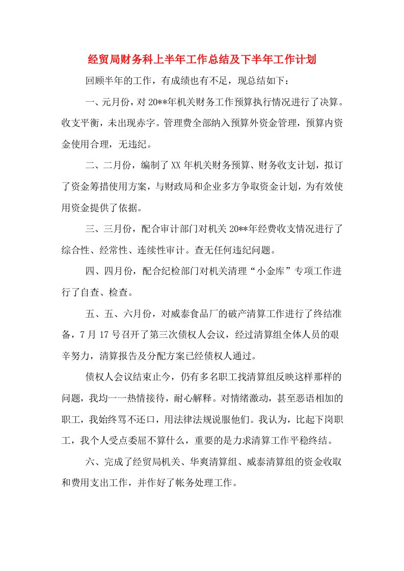 经贸局财务科上半年工作总结及下半年工作计划