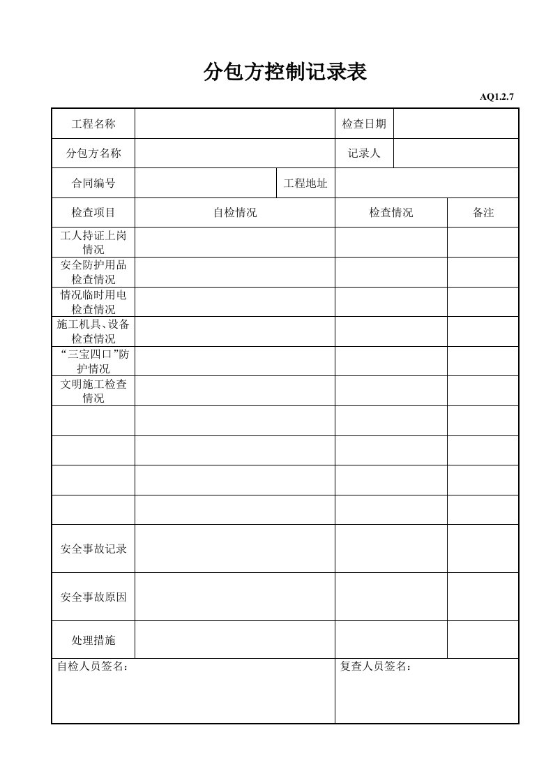 施工组织-分包方控制记录表