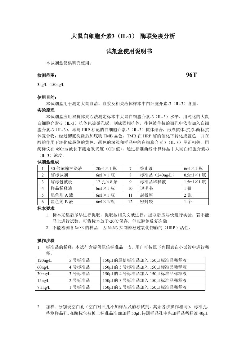 大鼠白细胞介素3IL3酶联免疫分析