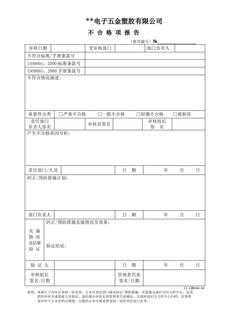 014-内部质量审核控制程序044不合格项报告-质量工具