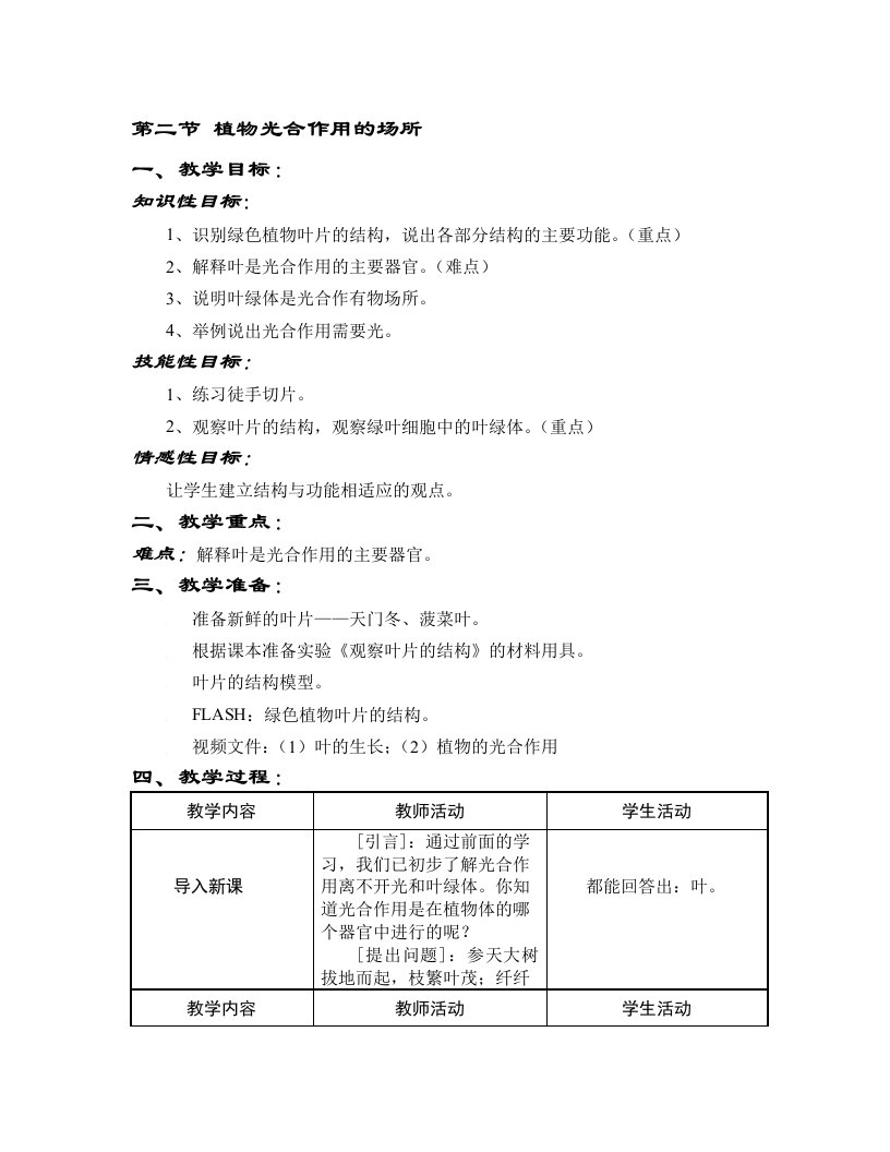 生物：6.2《植物光合作用的场所》教学设计（苏教版七年级上）