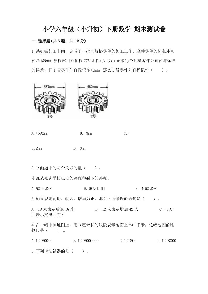 小学六年级（小升初）下册数学