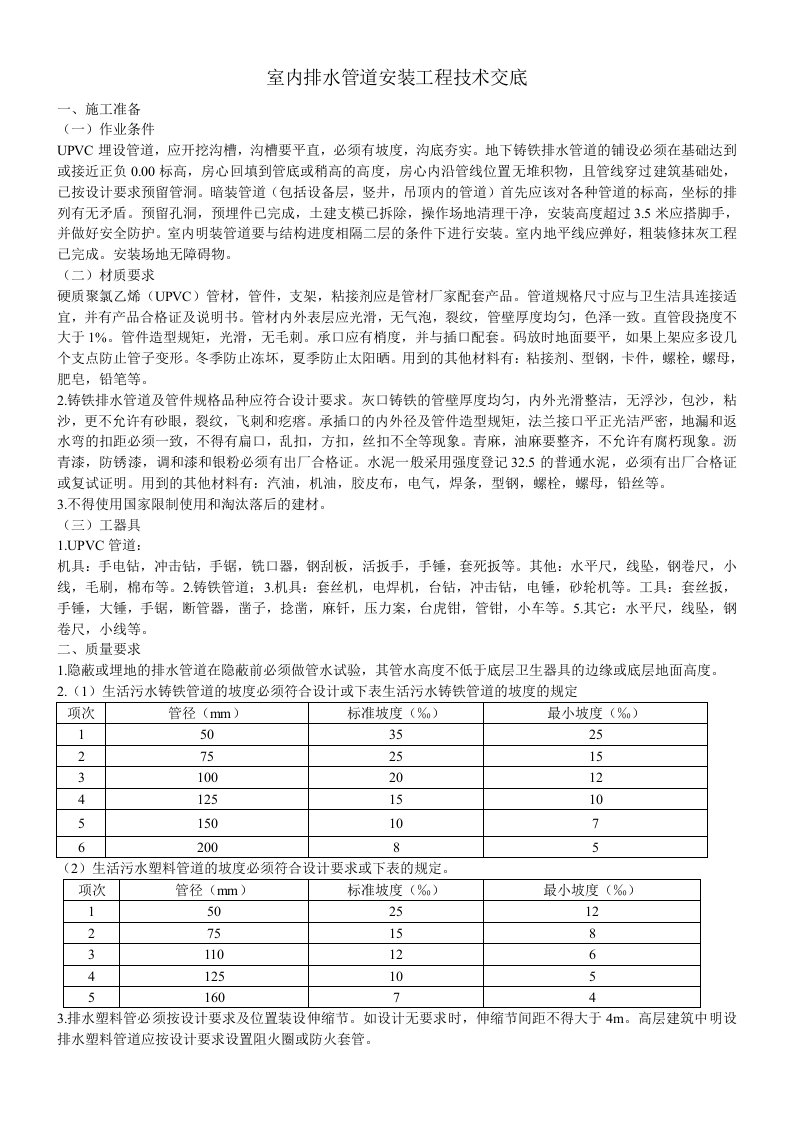 室内排水管道安装工程技术交底