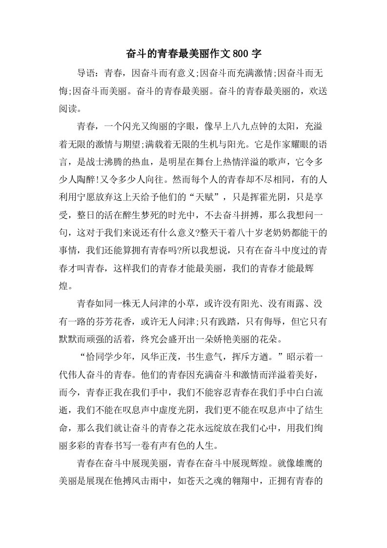 奋斗的青春最美丽作文800字