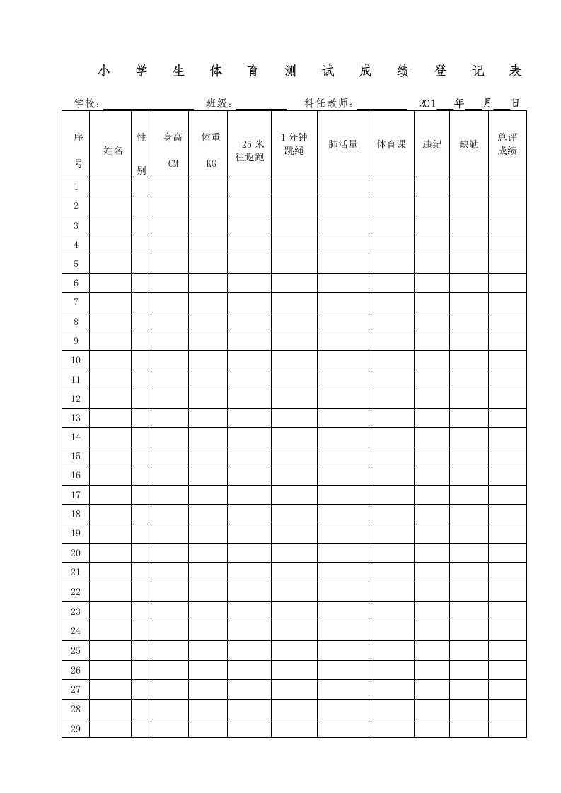 大稼乡中心小学小学生体育测试成绩登记表