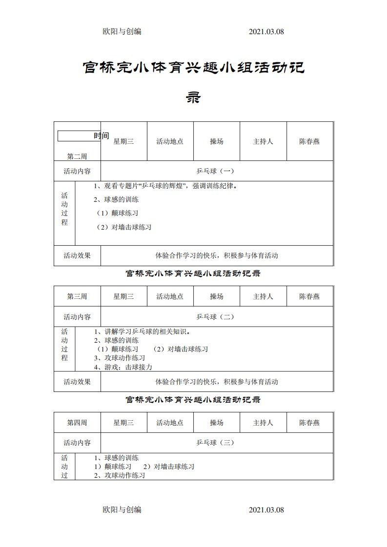 小学体育兴趣小组活动记录之欧阳与创编