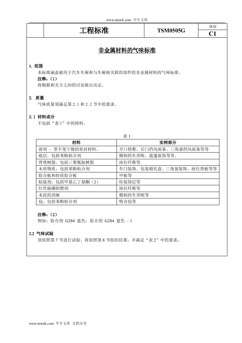 丰田非金属材料的气味标准TSM0505G