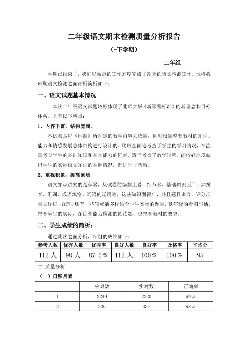 二年级语文期末检测质量分析报告