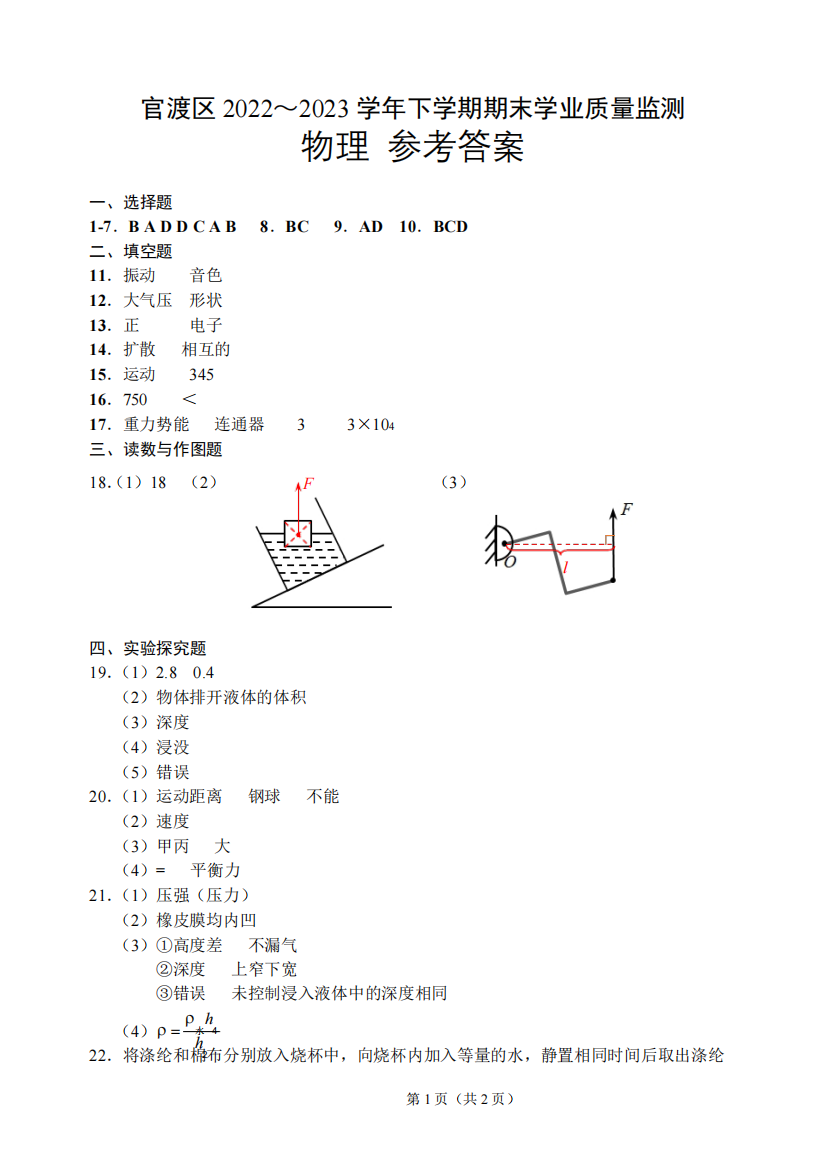 昆明市官渡区2024-2023学年下学期期末考试八年级物理答案