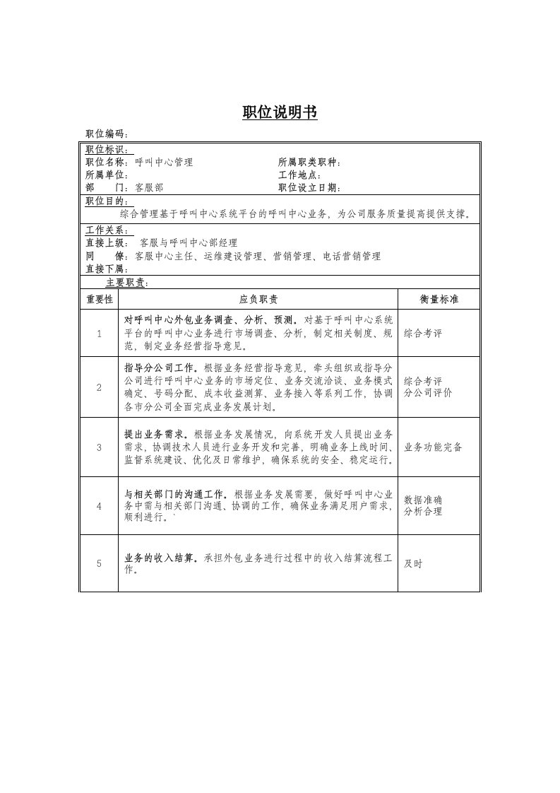 客服部呼叫中心管理职务描述