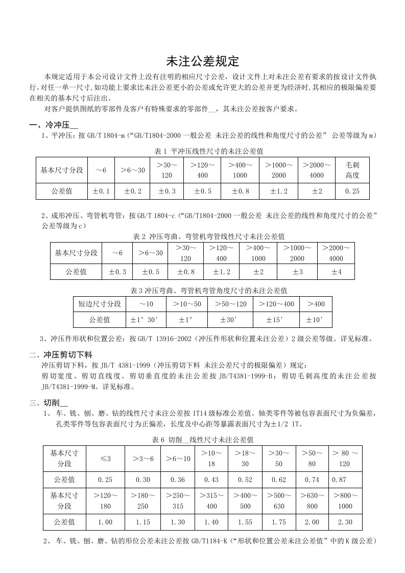 未注自由公差规定