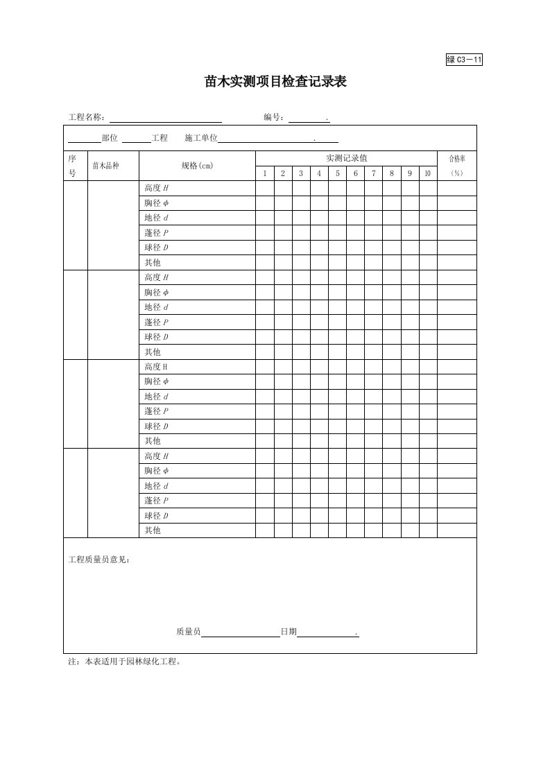 绿C3-11苗木实测项目检查记录表