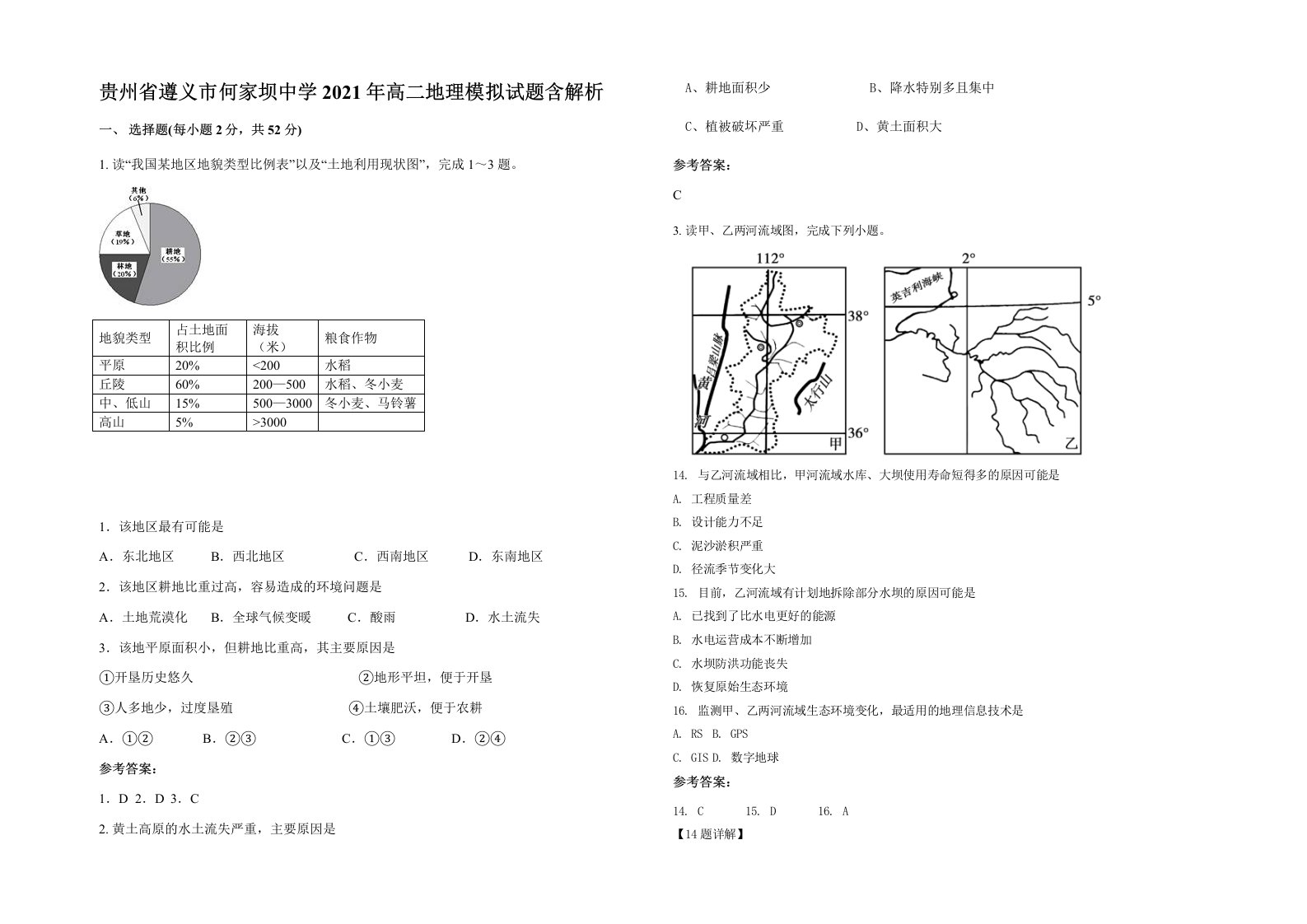 贵州省遵义市何家坝中学2021年高二地理模拟试题含解析