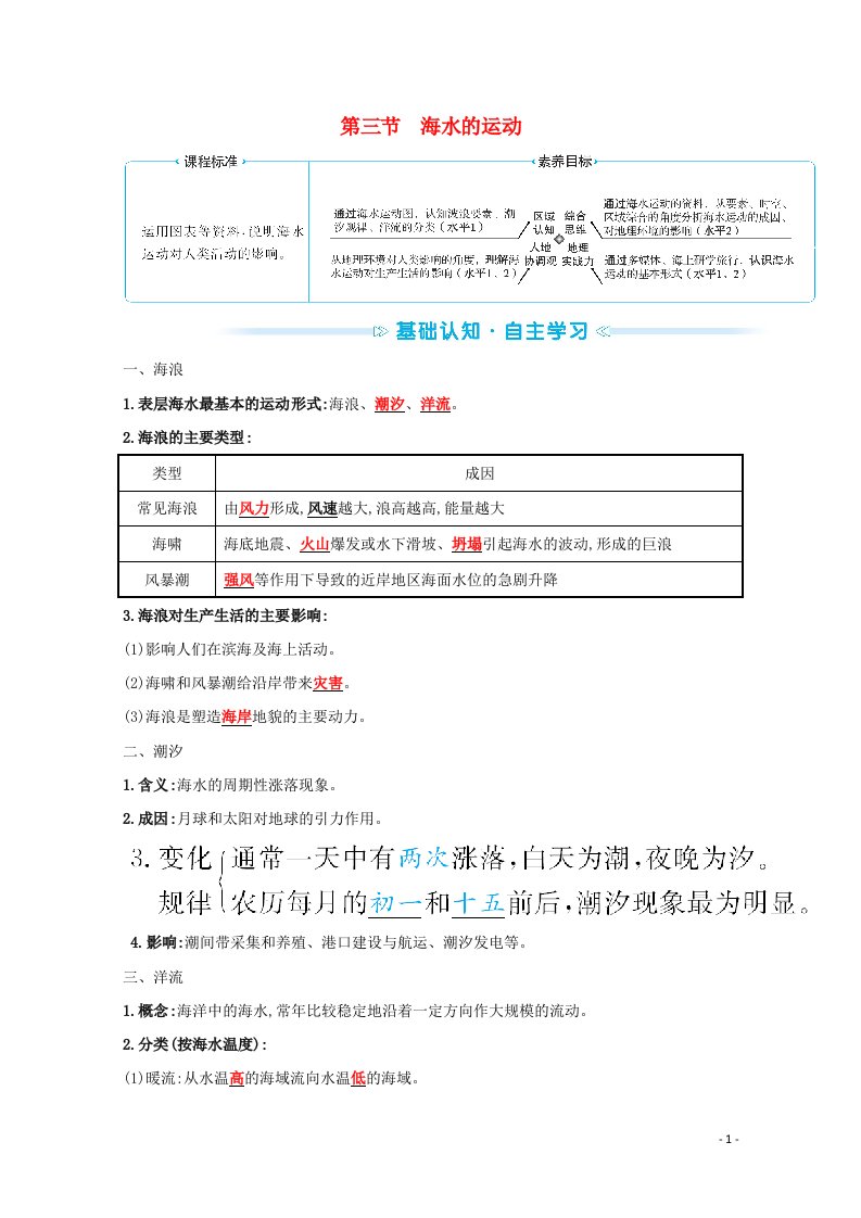 2021_2022学年新教材高中地理第三章地球上的水第三节海水的运动学案新人教版必修1