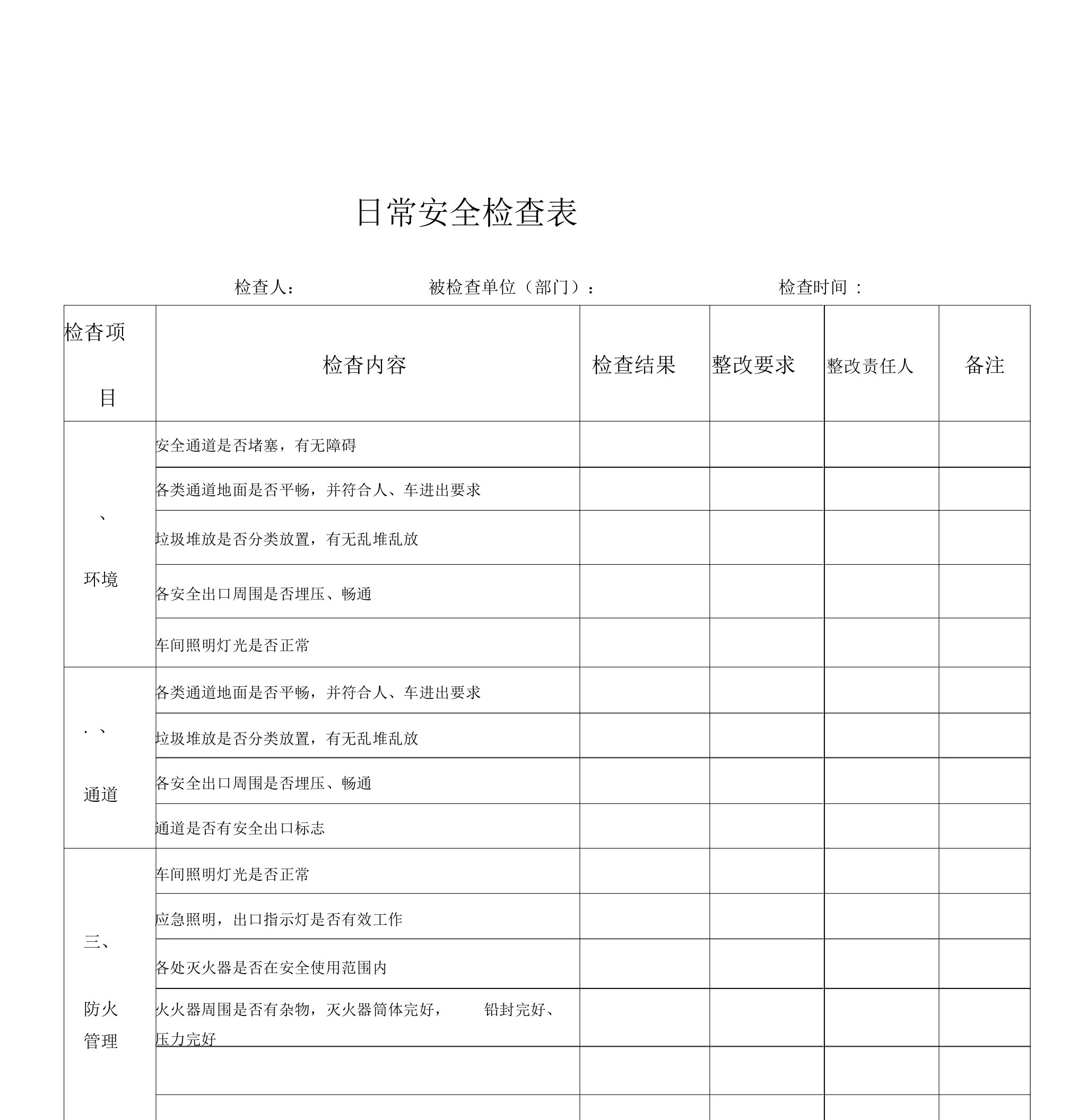 公司日常安全检查表