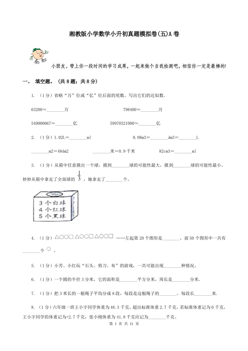 湘教版小学数学小升初真题模拟卷(五)A卷