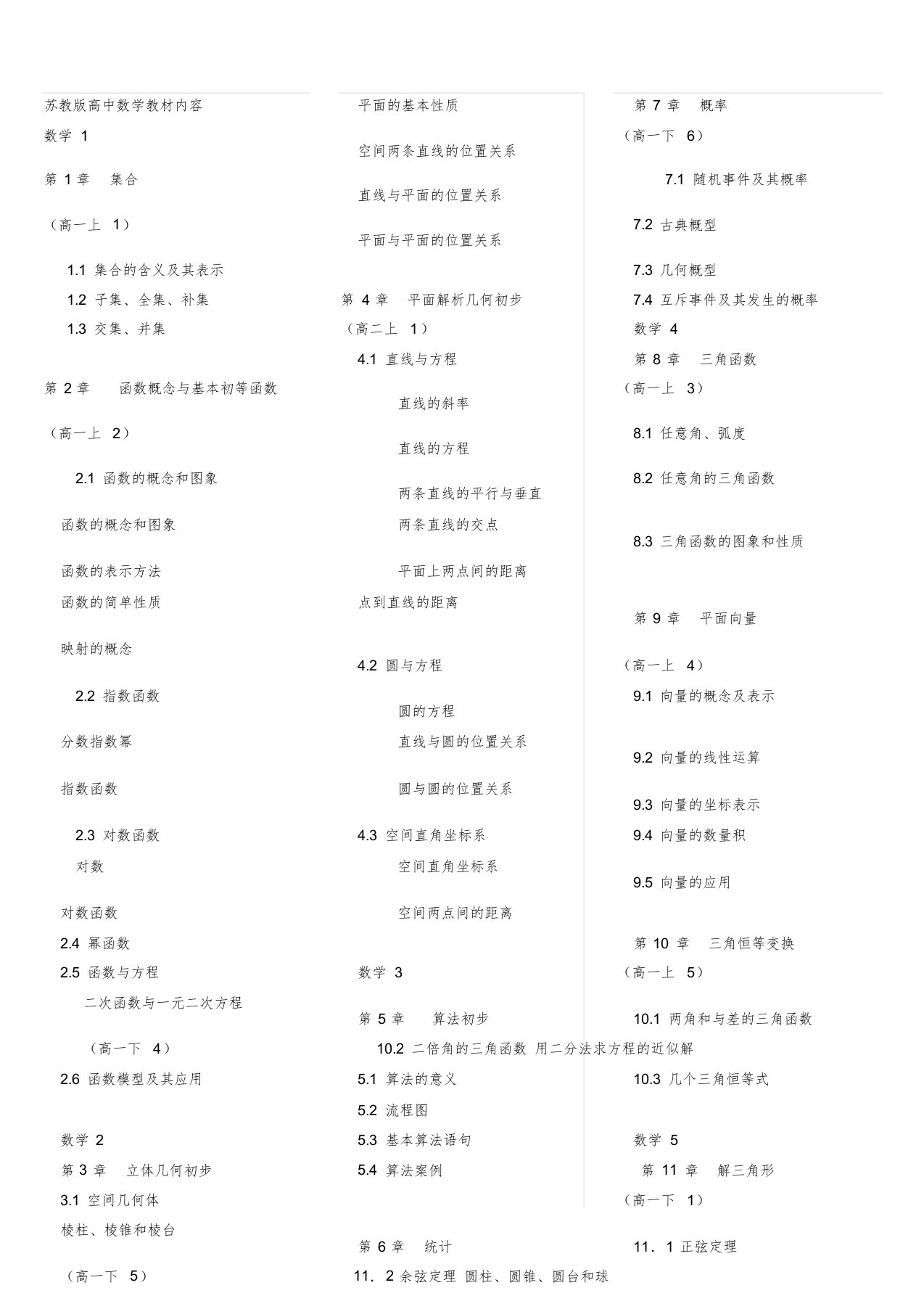 苏教版高中数学教材目录(附教学进度)