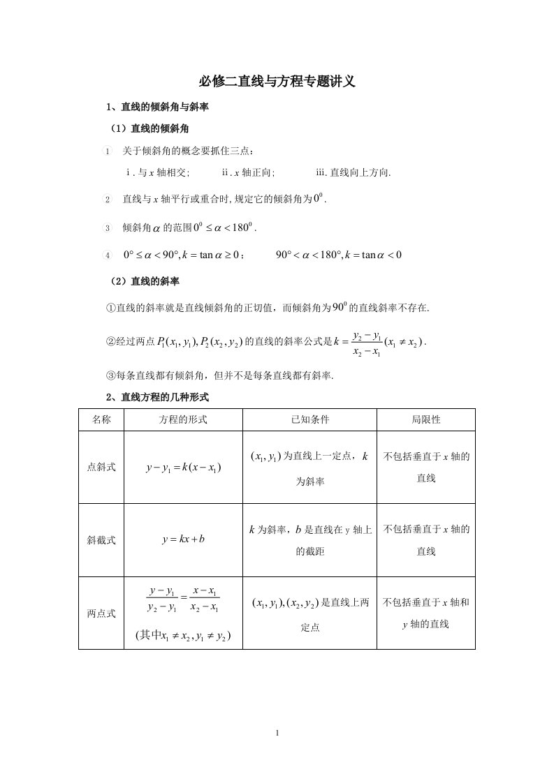 数学必修2直线与方程知识点专题讲义