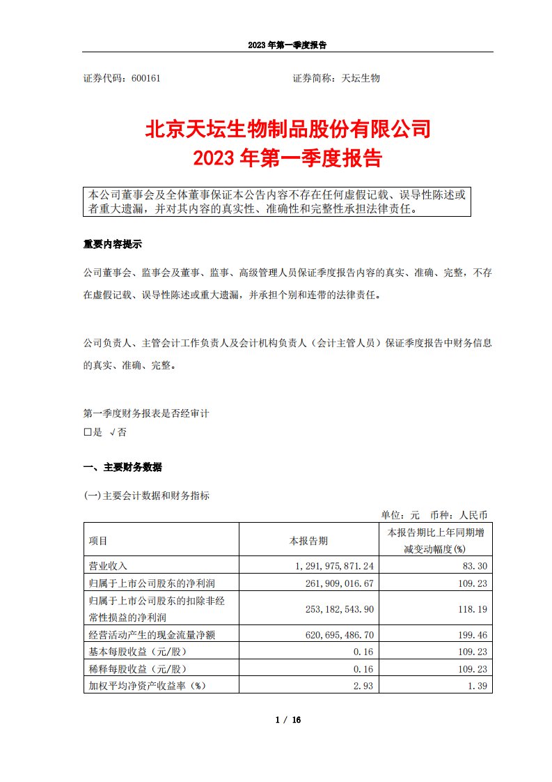 上交所-天坛生物2023年第一季度报告-20230424