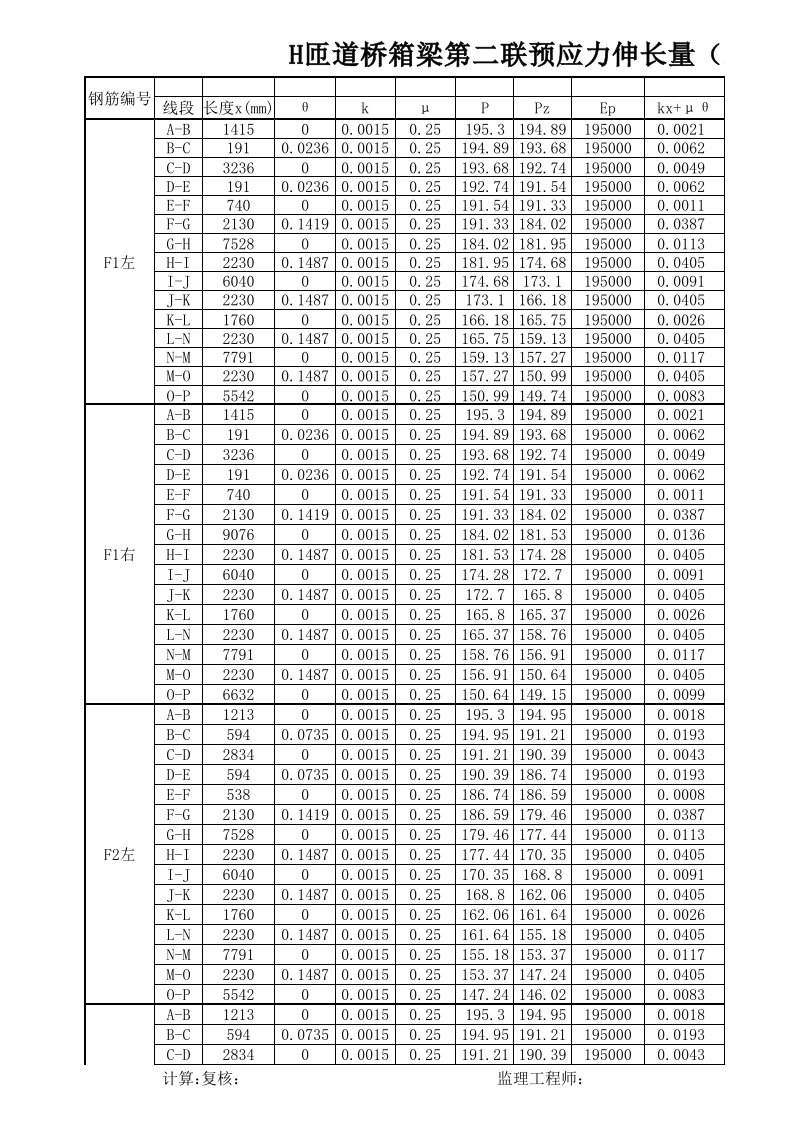 匝道桥现浇箱梁预应力伸长量计算程序