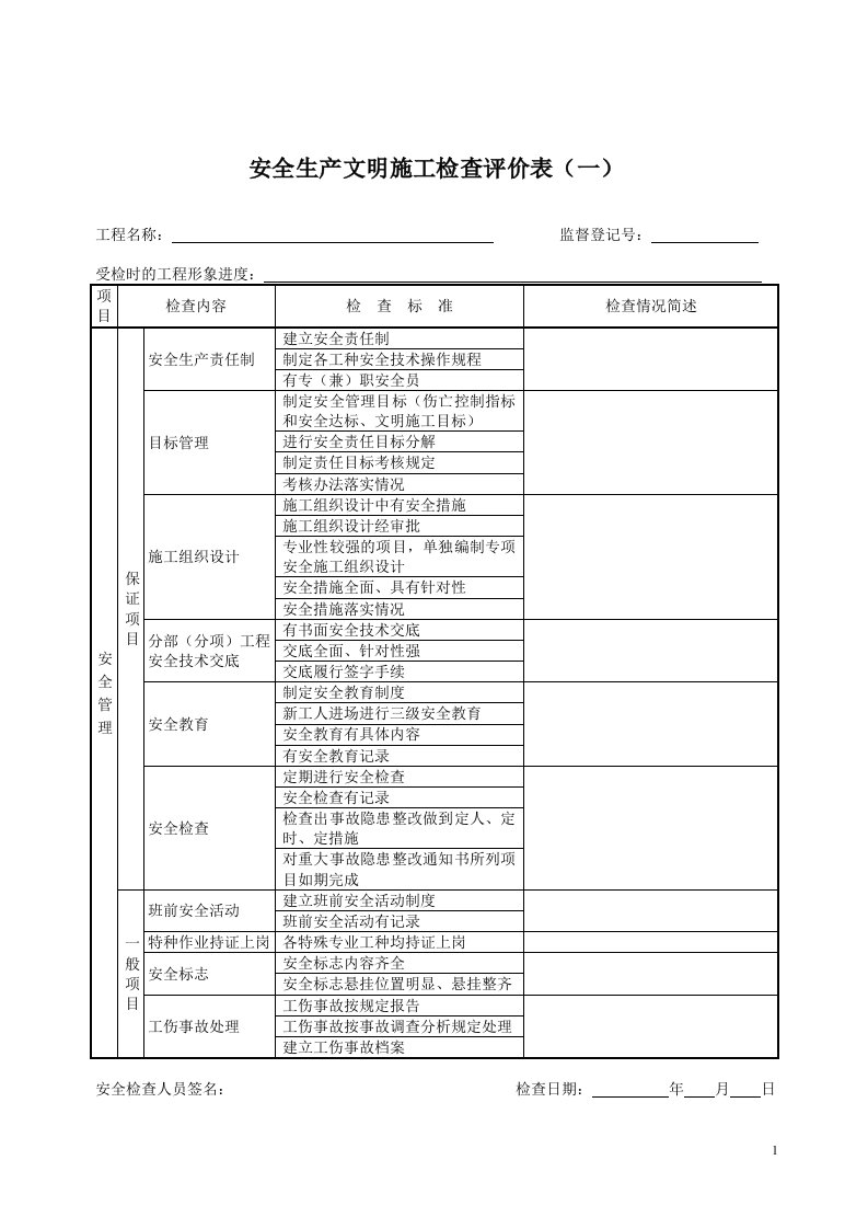 安全文明评价表