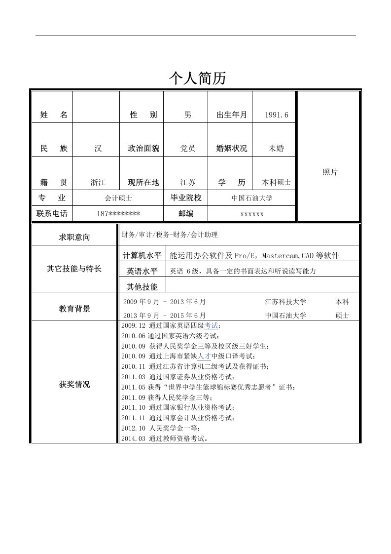 会计硕士专业毕业生简历模板