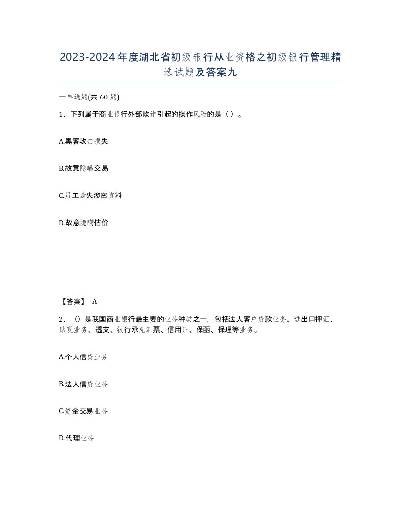 2023-2024年度湖北省初级银行从业资格之初级银行管理试题及答案九