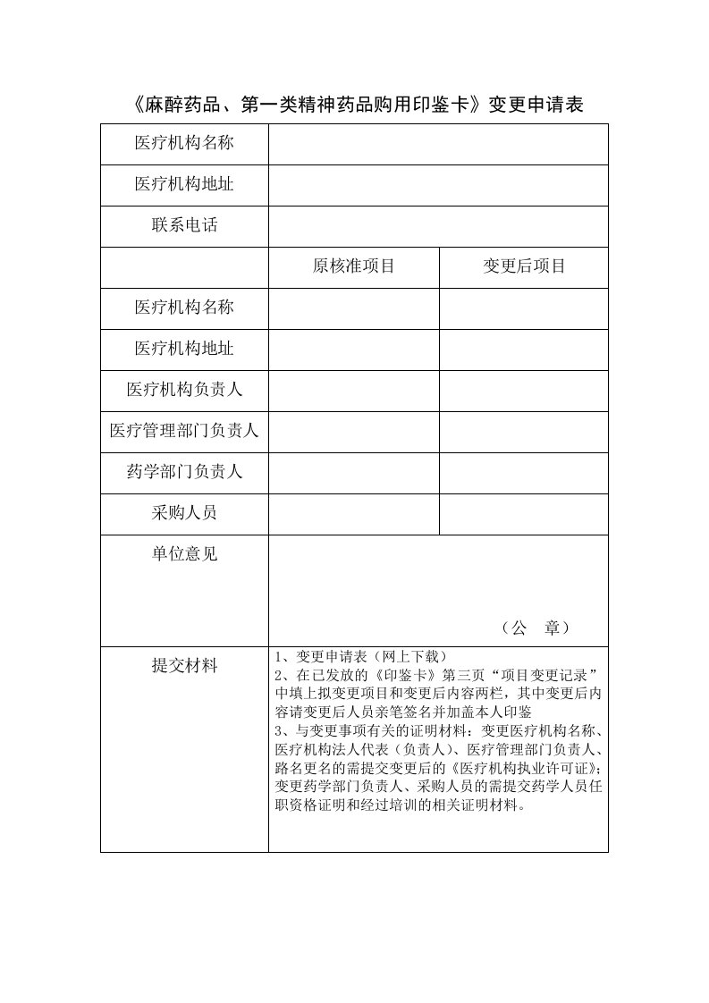 麻醉药品、第一类精神药品购用印鉴卡变更申请表1)