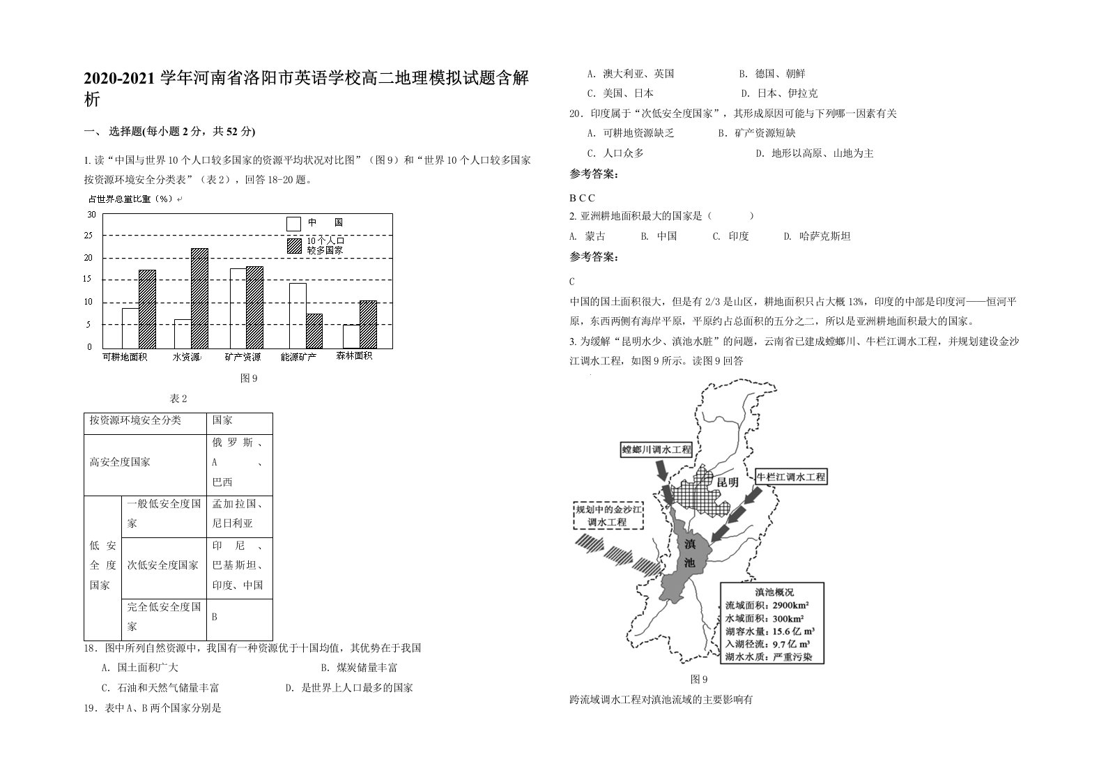 2020-2021学年河南省洛阳市英语学校高二地理模拟试题含解析