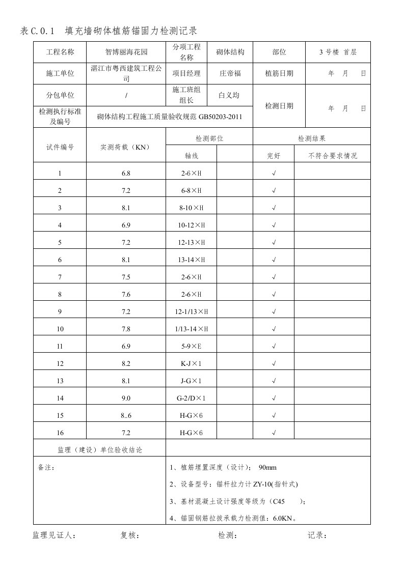 填充墙砌体植筋锚固力检测记录