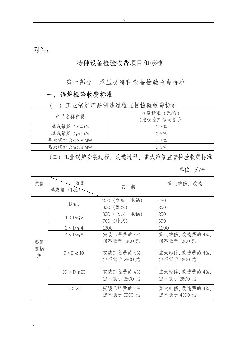 特种设备检验收费项目和标准