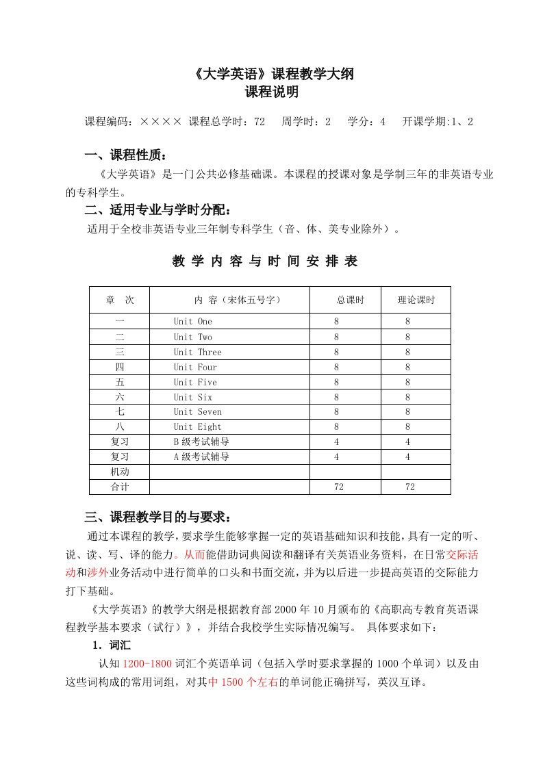 专科定稿大学英语》课程教学大纲