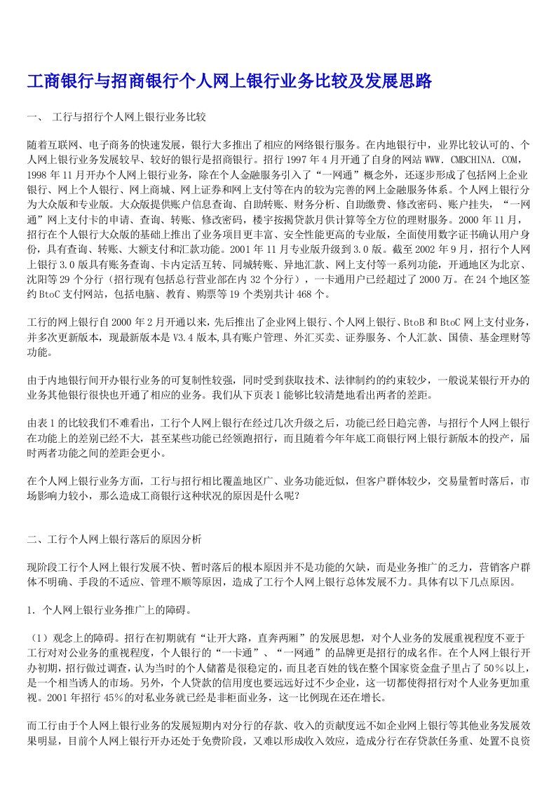 工商银行与招商银行个人网上银行业务比较及发展思路