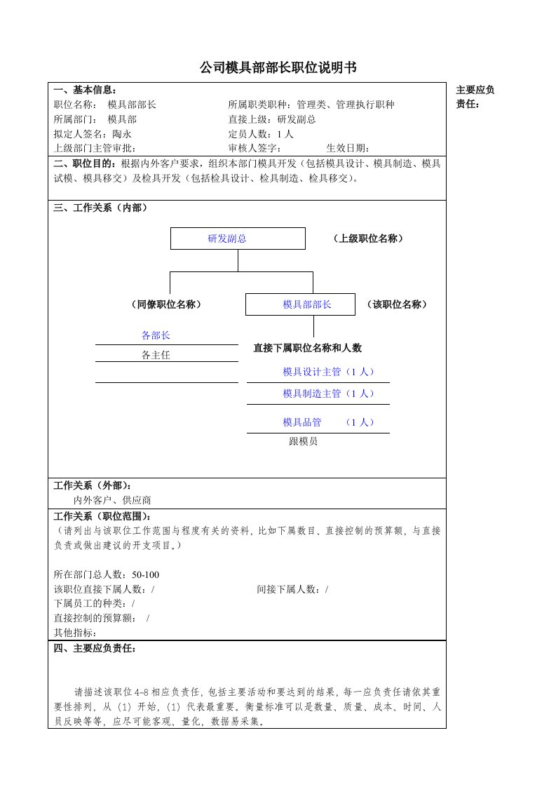 某大型汽车零部件公司模具部部长职位说明书