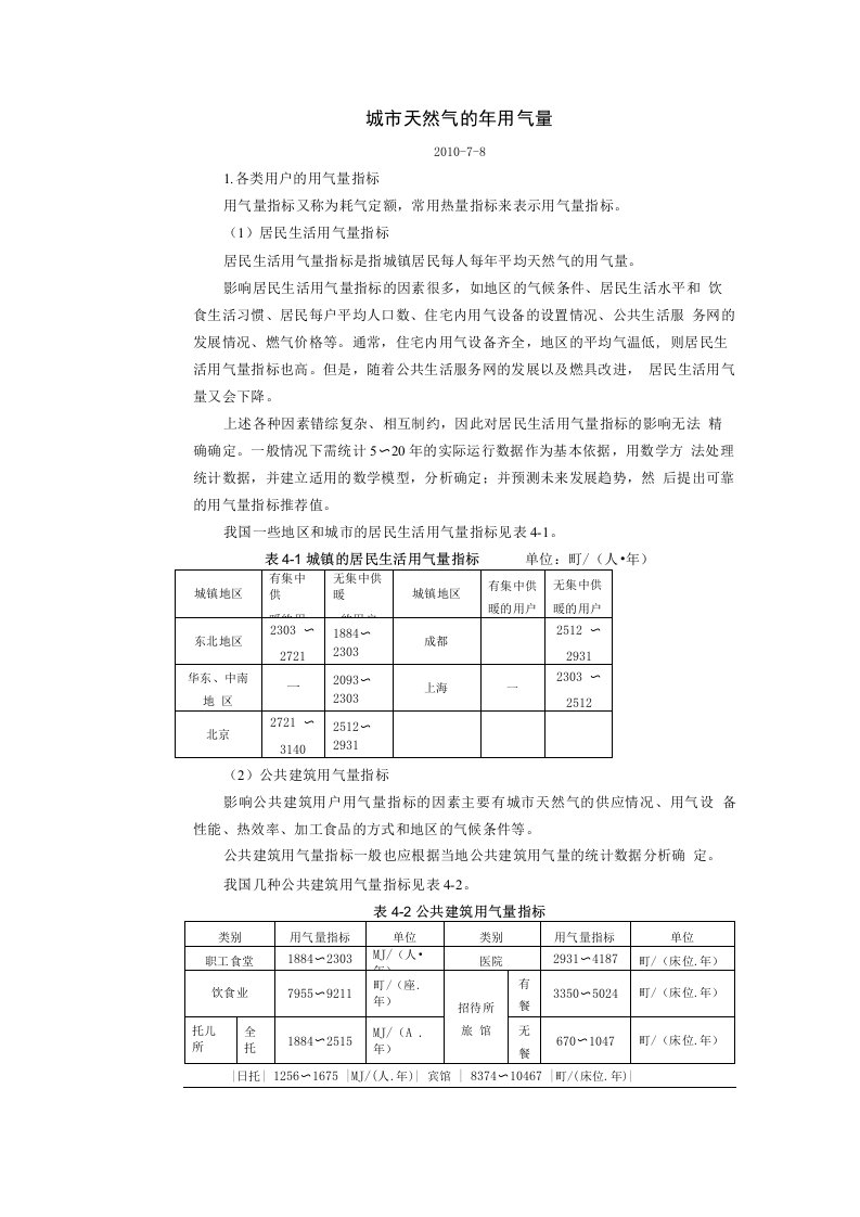 《城市天然气的年用气量参考表》